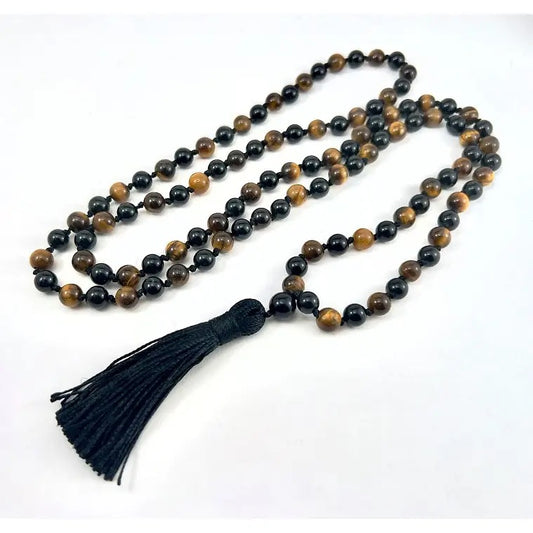 Mala Tiger Eye Obsidian Knotted