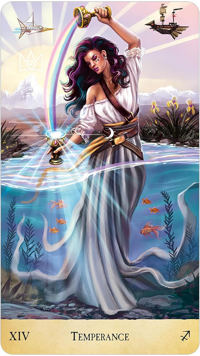 Card from a tarot deck featuring a woman with a sword, water, and fish, labeled 'Temperance'.