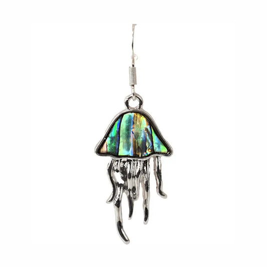 Jellyfish-shaped earring with colorful abalone shell on a white background