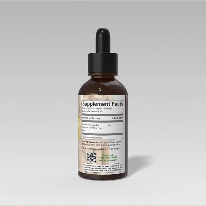 An amber glass dropper bottle with a black cap and a beige supplement facts label, photographed against a neutral light gray background.