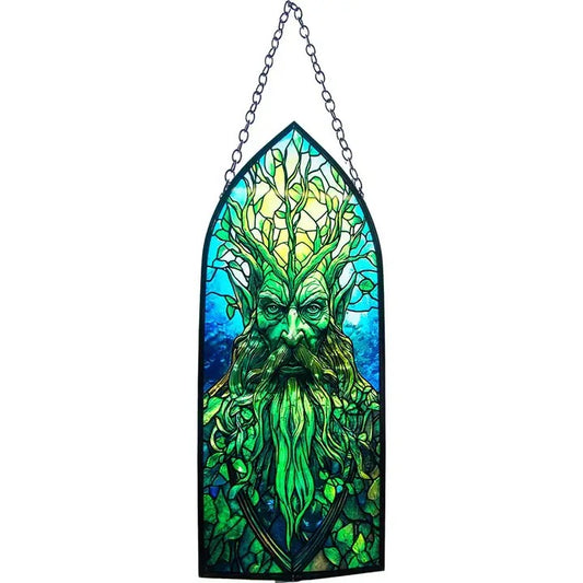 Stained glass panel with a green figure and foliage design on a white background