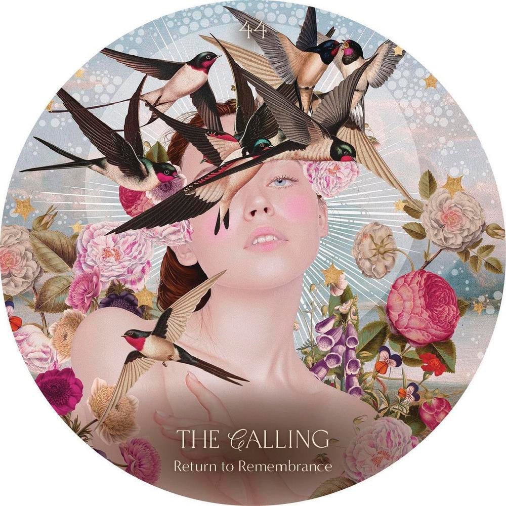 Oracle card Circular artwork with a woman's face, birds, and flowers with 'The Calling' text.