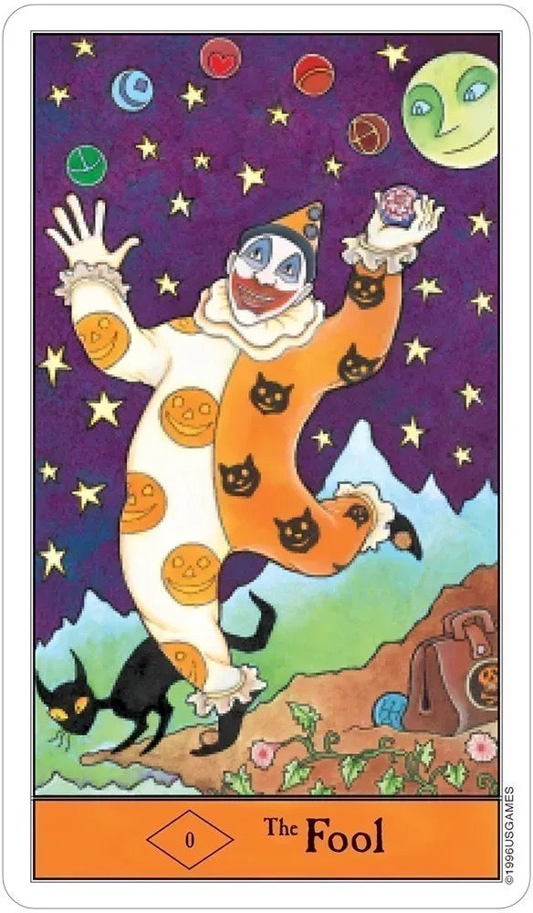 Card featuring 'The Fool' from a tarot deck with colorful design and character.
