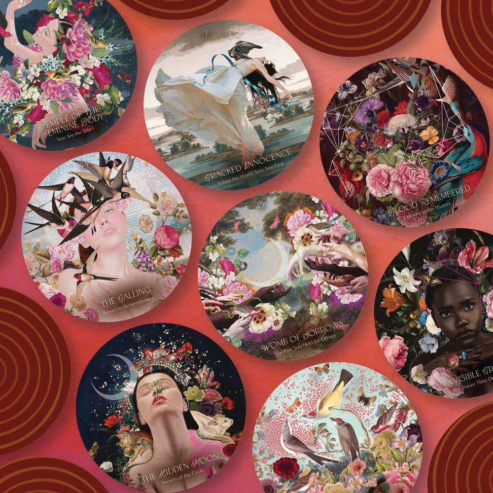 A set of oracle cards art prints featuring surreal illustrations, including flowers, birds, and portraits, arranged on a pink background with overlapping dark red circular patterns. Titles such as 'The Queen of Spiles', 'The Grieving', and 'The Fallen Angel' are visible on the prints.
