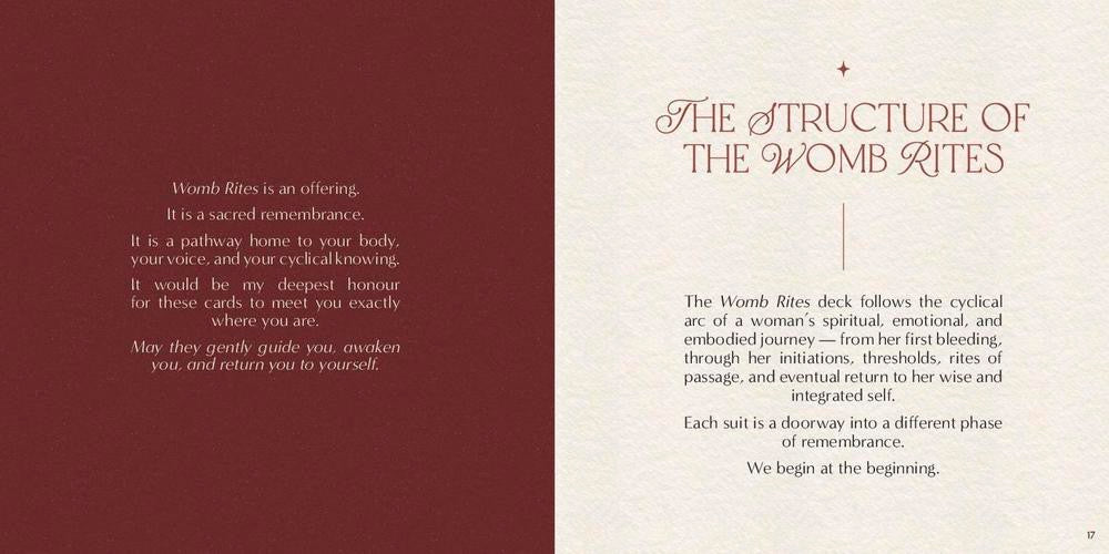 Two pages from a deck about 'The Structure of The Womb Rites' with text on a maroon and beige background.