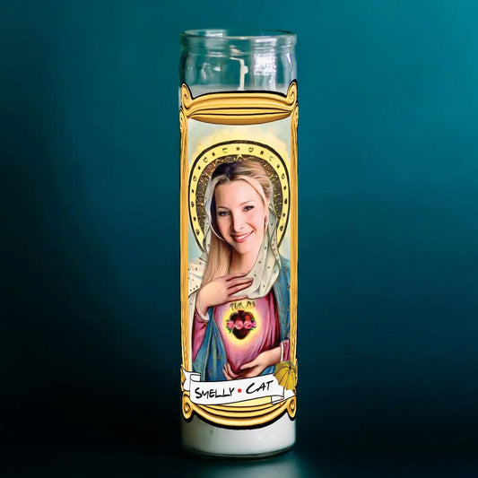 Candle with a printed design of a person holding a heart, on a dark teal background