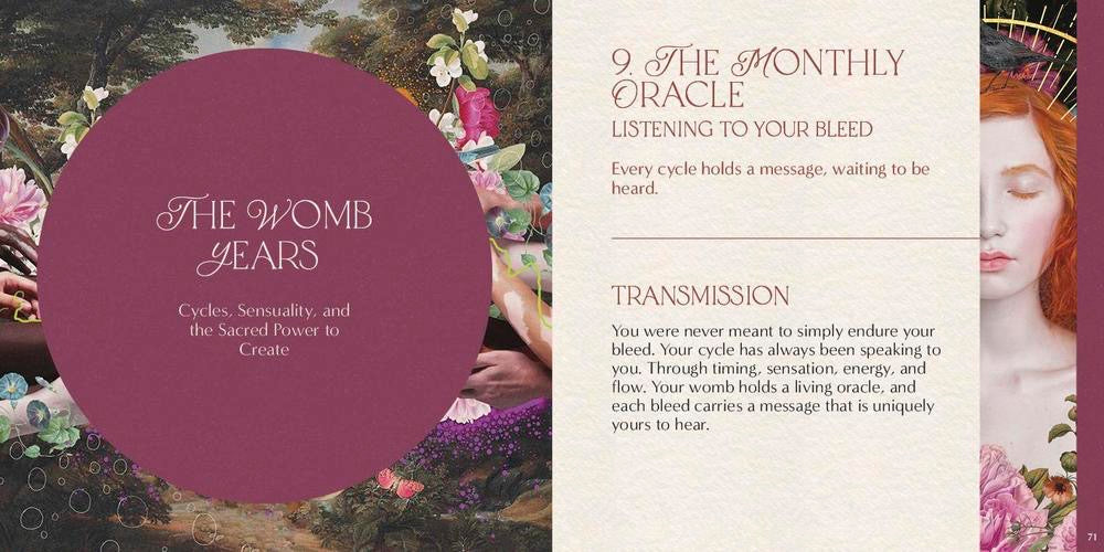 The Womb Years: The Monthly Oracle card deck packaging, featuring a deep magenta circle on the left with white text, and a cream-colored card on the right with text about the monthly oracle and transmission, framed by floral illustrations and a portrait of a woman.