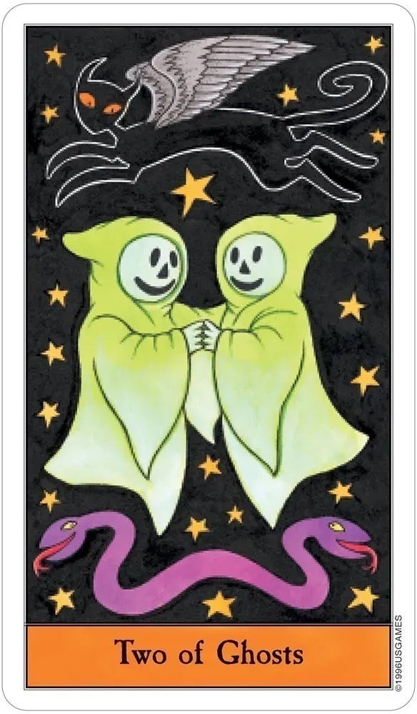 Card featuring two green ghosts with a snake and a bat, labeled 'Two of Ghosts'.