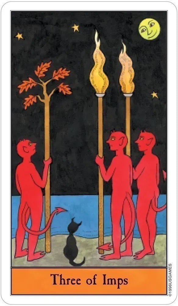 A tarot card titled 'Three of Imps' showing three red demon figures holding tall flaming torches in a dark night scene with stars, a smiling moon, a small black cat, and an orange tree. The card has a white border and is photographed straight-on.