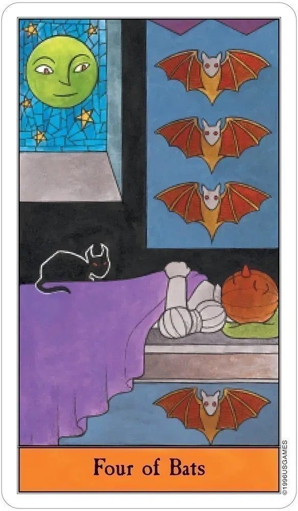 Card titled 'Four of Bats' with bats, a moon, and a cat depicted.