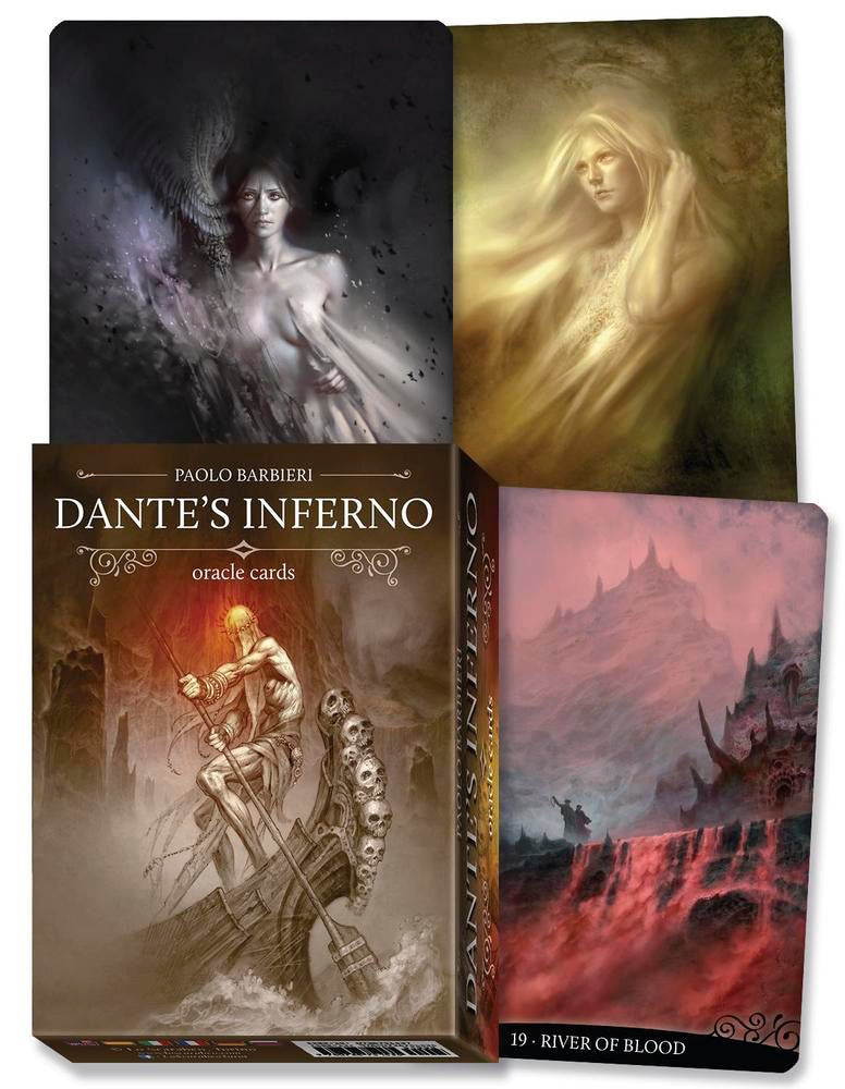Packaging of Dante's Inferno oracle cards with artwork and text.