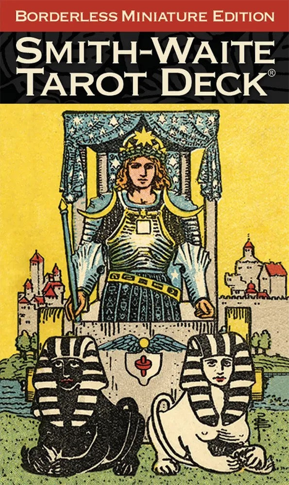 Cover of the Smith-Waite Tarot Deck with a central figure and sphinxes on a yellow background.
