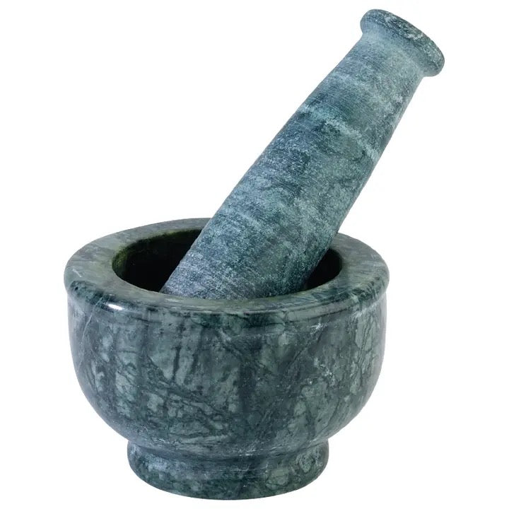A dark green and gray marbled stone mortar and pestle set, isolated on a white background.