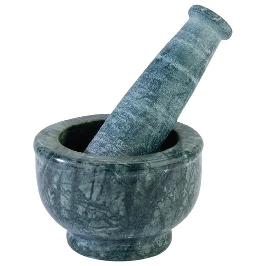 A dark green and gray marbled stone mortar and pestle set, isolated on a white background.