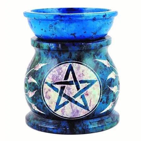 A blue and green marbled Soap Stone oil burner candle holder with a white pentagram design on the front, set against a plain white background.