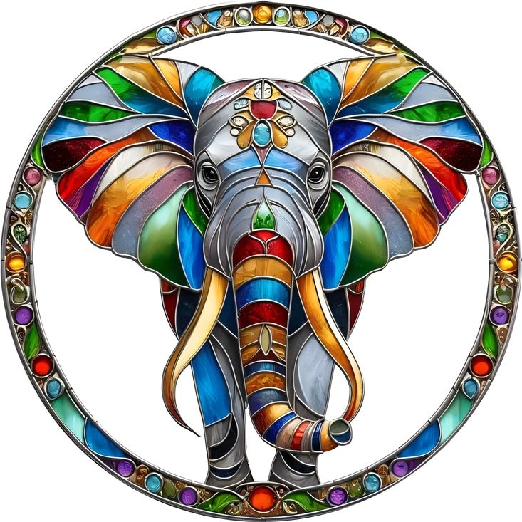 Colorful elephant design in a circular frame with stained glass effect