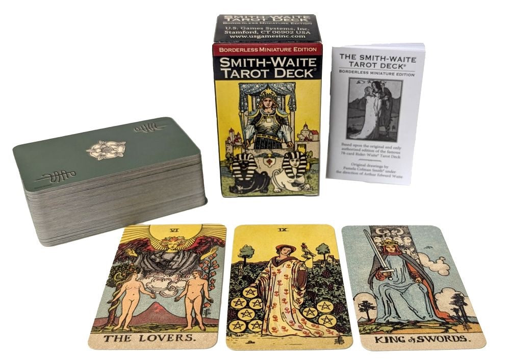 Smith-Waite Tarot Deck with cards displayed and packaging on a white background