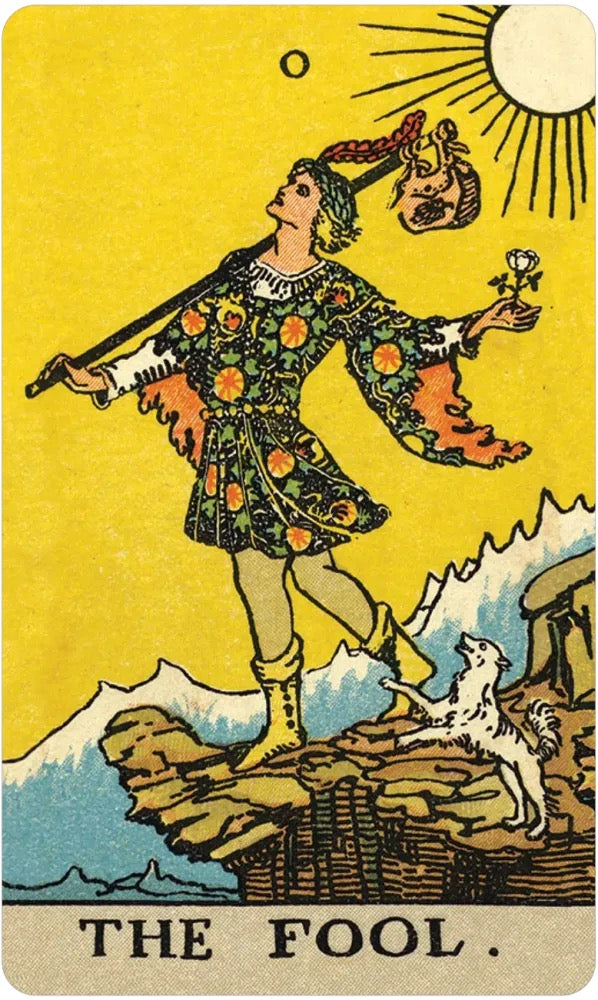 The Fool tarot card featuring a yellow background with a sun in the upper right, a figure in a floral robe carrying a staff and skull, a white dog at the bottom, and the text 'THE FOOL' at the bottom.