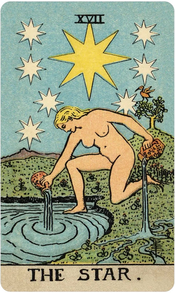 The Star tarot card featuring a nude woman drawing water from a well under a large yellow star, with white stars, a bird, and the text 'XVII THE STAR.' at the bottom.