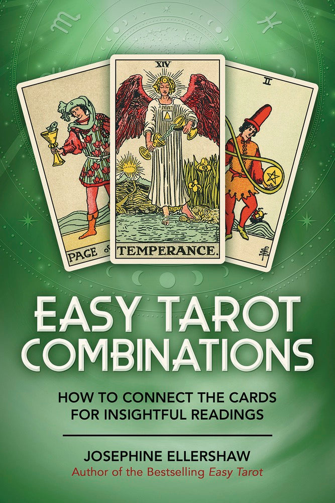 Book cover of 'Easy Tarot Combinations' with tarot card illustrations on a green background.