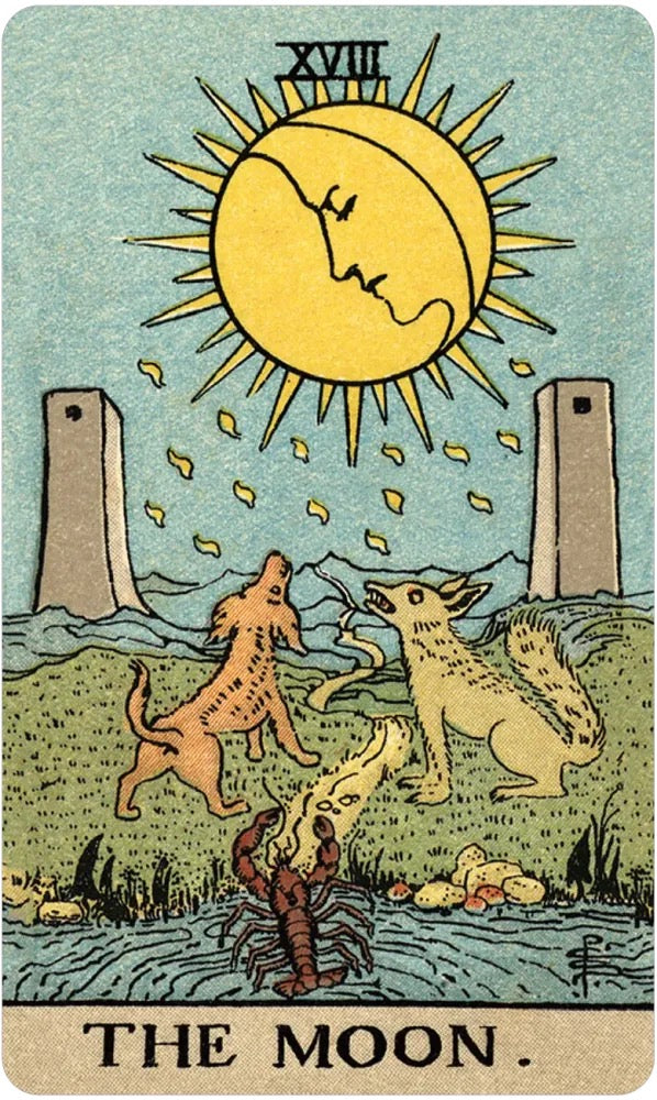 A tarot-style card titled 'THE MOON' showing a large yellow moon face with rays, a blue sky, two stone towers, a dog, a wolf, and a lobster in a landscape.