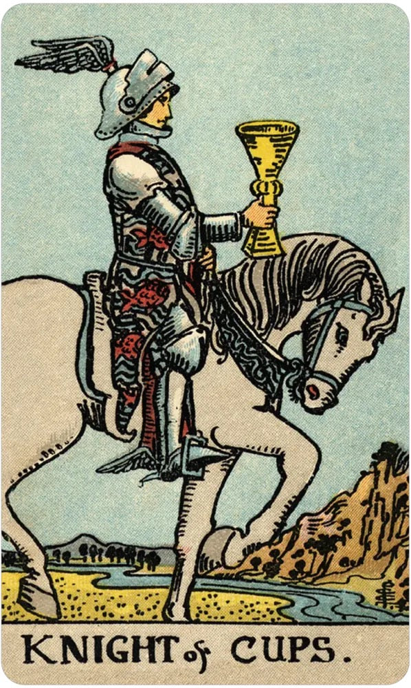 Card from a tarot deck featuring a knight on horseback holding a chalice, labeled 'Knight of Cups'.