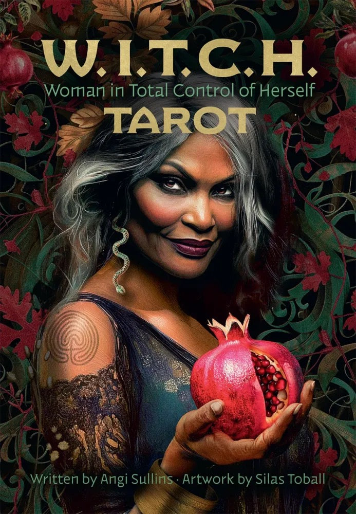 Book cover of 'W.I.T.C.H. Tarot' with a woman holding a pomegranate and floral background.