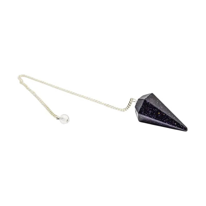 Pendulum Blue Goldstone crystal on a white background
