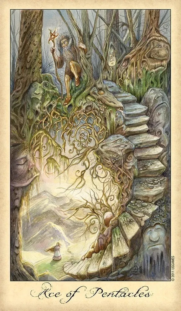 Illustration of a fairy tale scene with a staircase leading to a star, surrounded by nature.