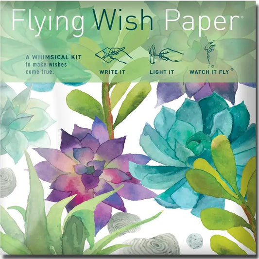 Flying Wish Paper packaging with colorful succulent designs and text.