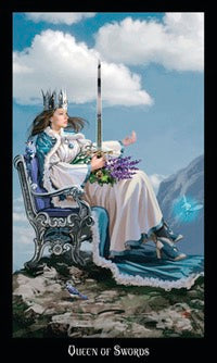 Fairy-like figure in a fantasy setting with a sword and flowers, sitting on a chair against a blue sky.