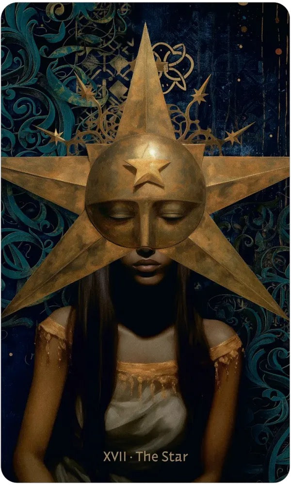 A tarot card titled 'XVII - The Star' featuring a woman with long dark hair wearing a large metallic gold star mask, set against a dark blue patterned background.