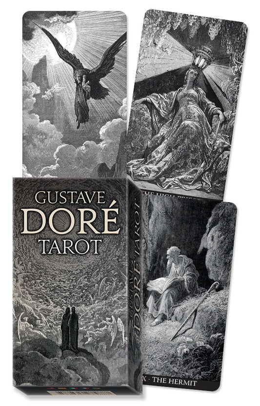 Gustave Doré Tarot card packaging with black and white illustrations.