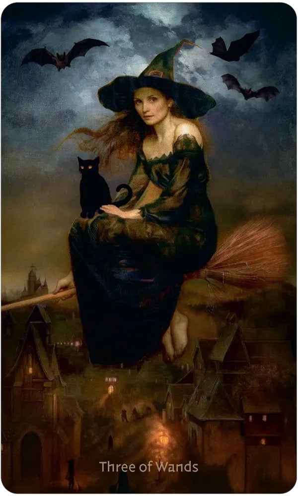 Witch with a black cat on a rooftop at night, surrounded by bats and small town below.