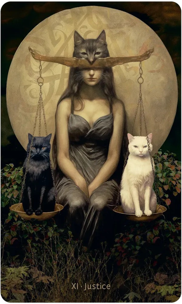 A fantasy-style art print or card illustration labeled 'XI Justice' at the bottom. A seated woman in a dark dress sits in front of a large moon, with a cat balanced on her head on a wooden beam and two cats in hanging baskets below, one black and one white, in a dark garden setting.