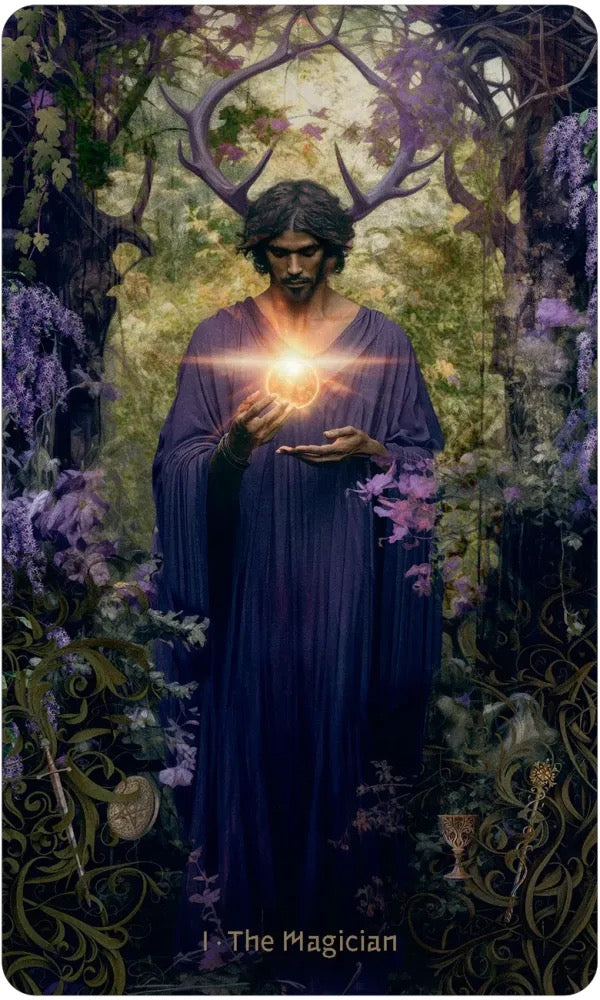The Magician tarot card illustration featuring a man with dark hair and antlers, wearing a deep purple robe and holding a glowing golden orb in a mystical forest setting.