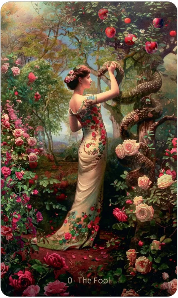 A fantasy art print or card titled 'O The Fool' at the bottom, depicting a woman in a floral gown standing in a lush garden with roses, apples, and a serpent coiled around a tree.