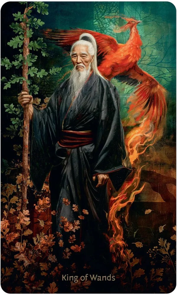 A tarot card illustration titled 'King of Wands' showing an elderly white-bearded man in dark robes holding a staff, with a large fiery red phoenix rising behind him in a forest setting.