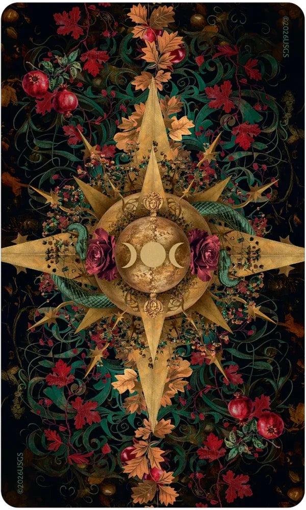 A square art print or card featuring a highly detailed, symmetrical celestial design. The center contains a triple moon symbol surrounded by a gold compass rose, set against a dark background filled with red pomegranates, autumn leaves, and green vines.