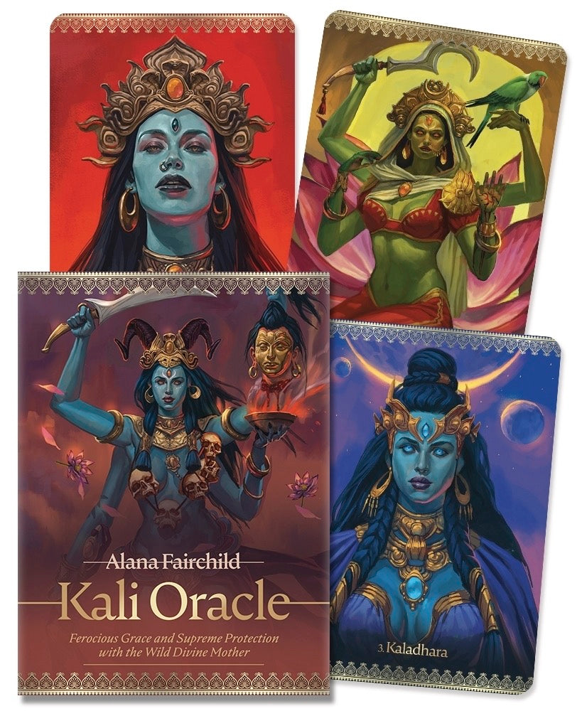 Four tarot cards featuring illustrations of a deity with different color schemes and backgrounds.