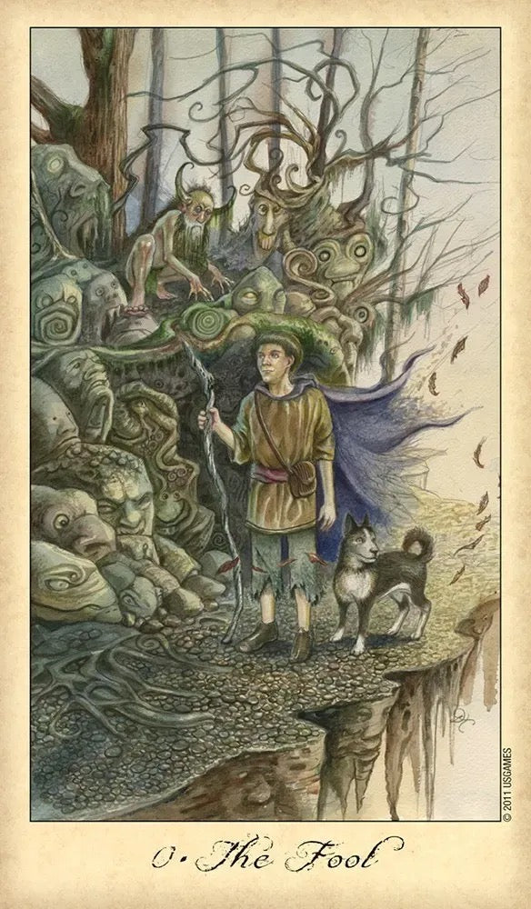 Illustration of a tarot card titled 'The Fool' featuring a person in a fantasy setting with animals and mythical creatures.