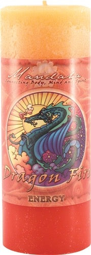 A cylindrical mandala candle with a yellow-orange wax top, a red wax base, and a colorful label featuring a blue dragon illustration and the text 'Mandala', 'Dragon Fire', and 'ENERGY'.