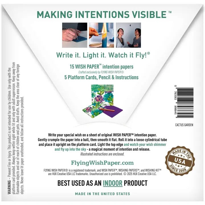Back of a product packaging for Flying Wish Paper with text and images.