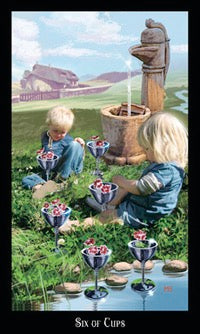 Two children playing with flowers and cups in a garden setting, with a house and trees in the background.