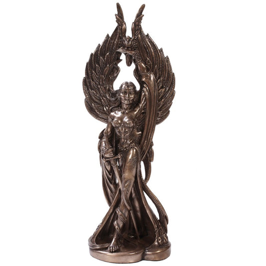Bronze statue of an morrigan with wings on a white background