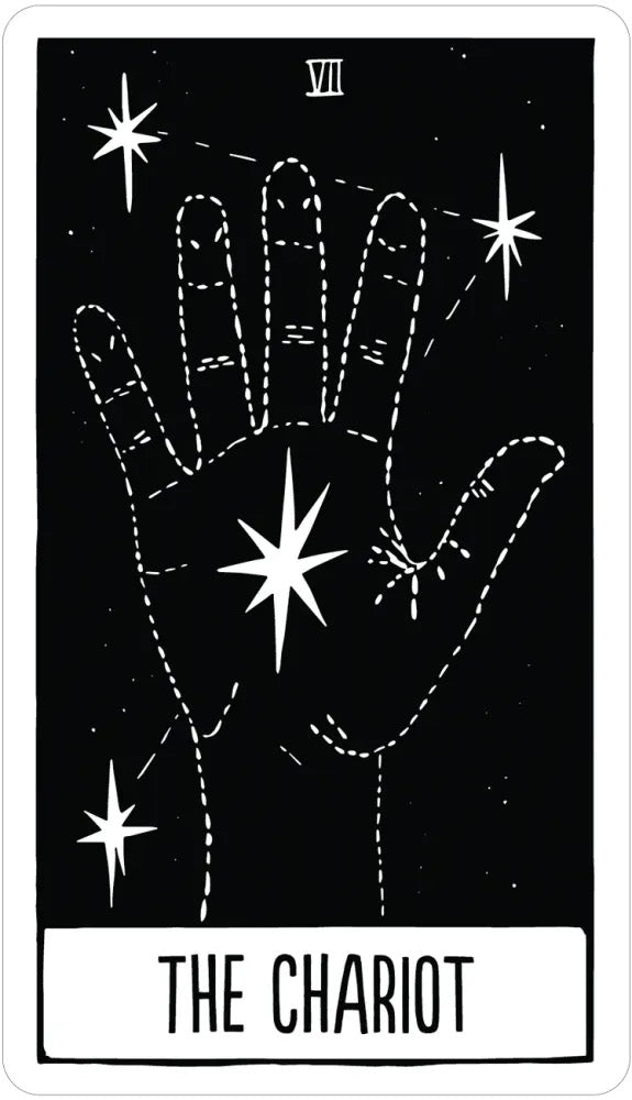 A tarot card design for 'The Chariot' featuring a black background with a white hand outline, stars, dashed lines, Roman numeral VII at the top, and the card title at the bottom.
