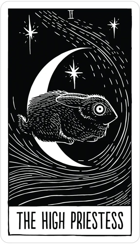 Tarot card featuring an owl on a crescent moon with stars, labeled 'The High Priestess'.
