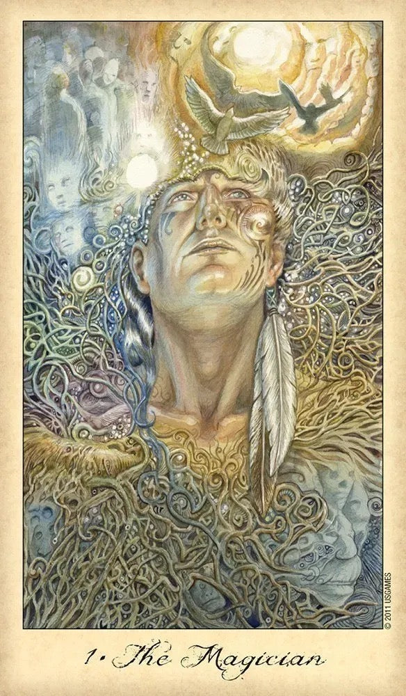 Artistic depiction of 'The Magician' card from a tarot deck, featuring a central figure with intricate designs and celestial elements.
