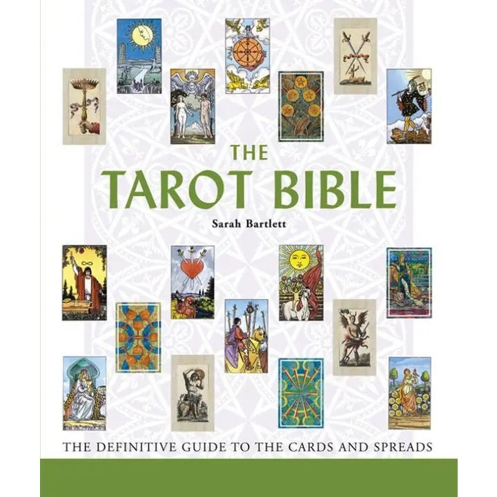 Book cover of 'The Tarot Bible' with tarot card illustrations on a white background