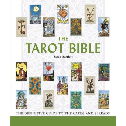 Book cover of 'The Tarot Bible' with tarot card illustrations on a white background